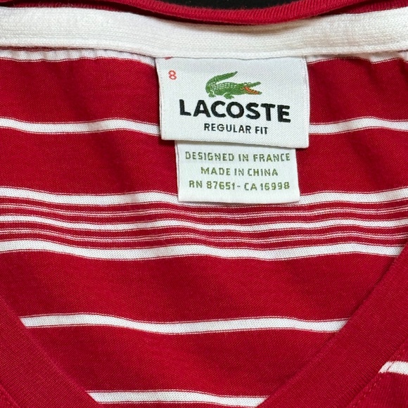 Lacoste V Neck T-Shirt - Size XXL - Red w/ White Stripes - Picture 2 of 3